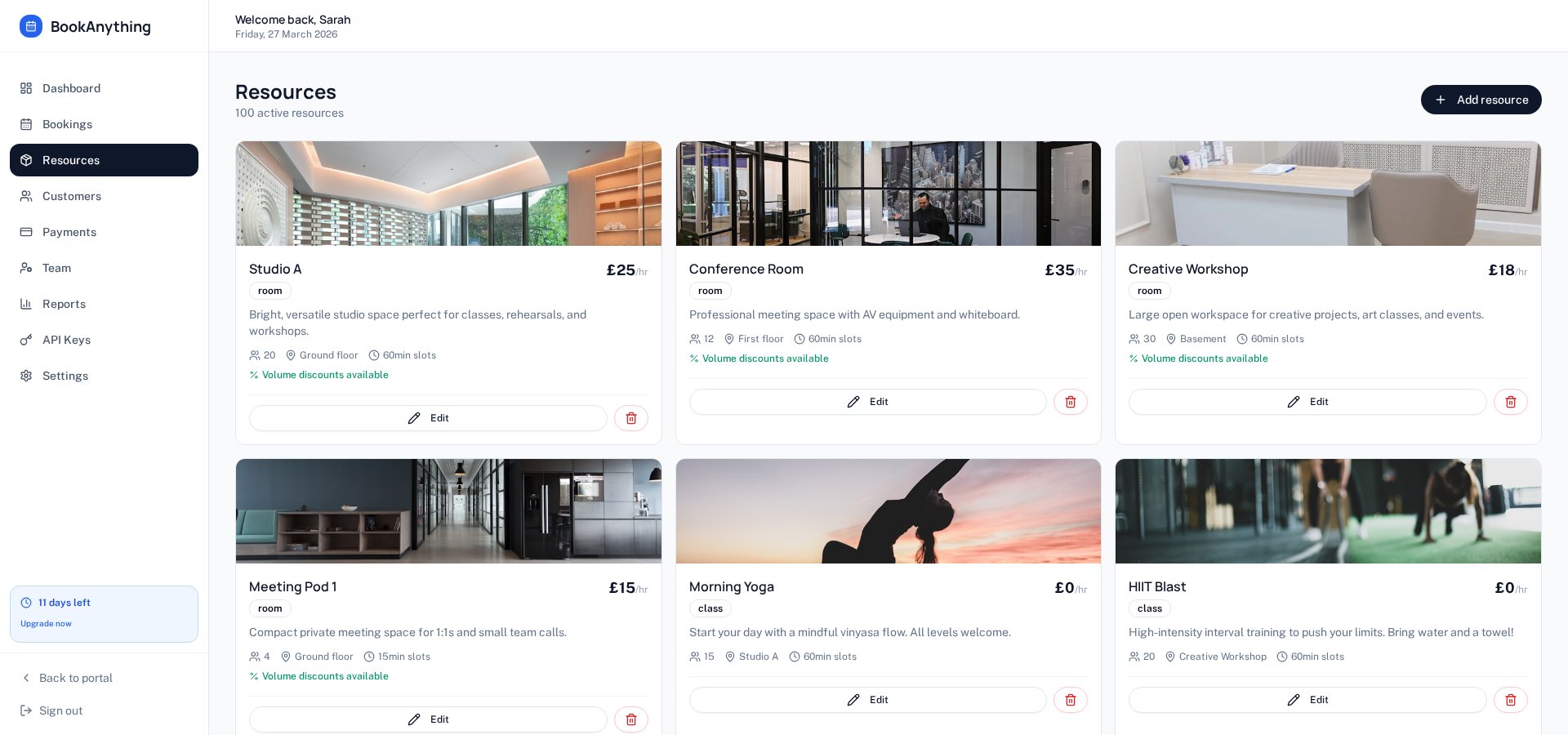 Resource management showing rooms and classes with pricing and availability